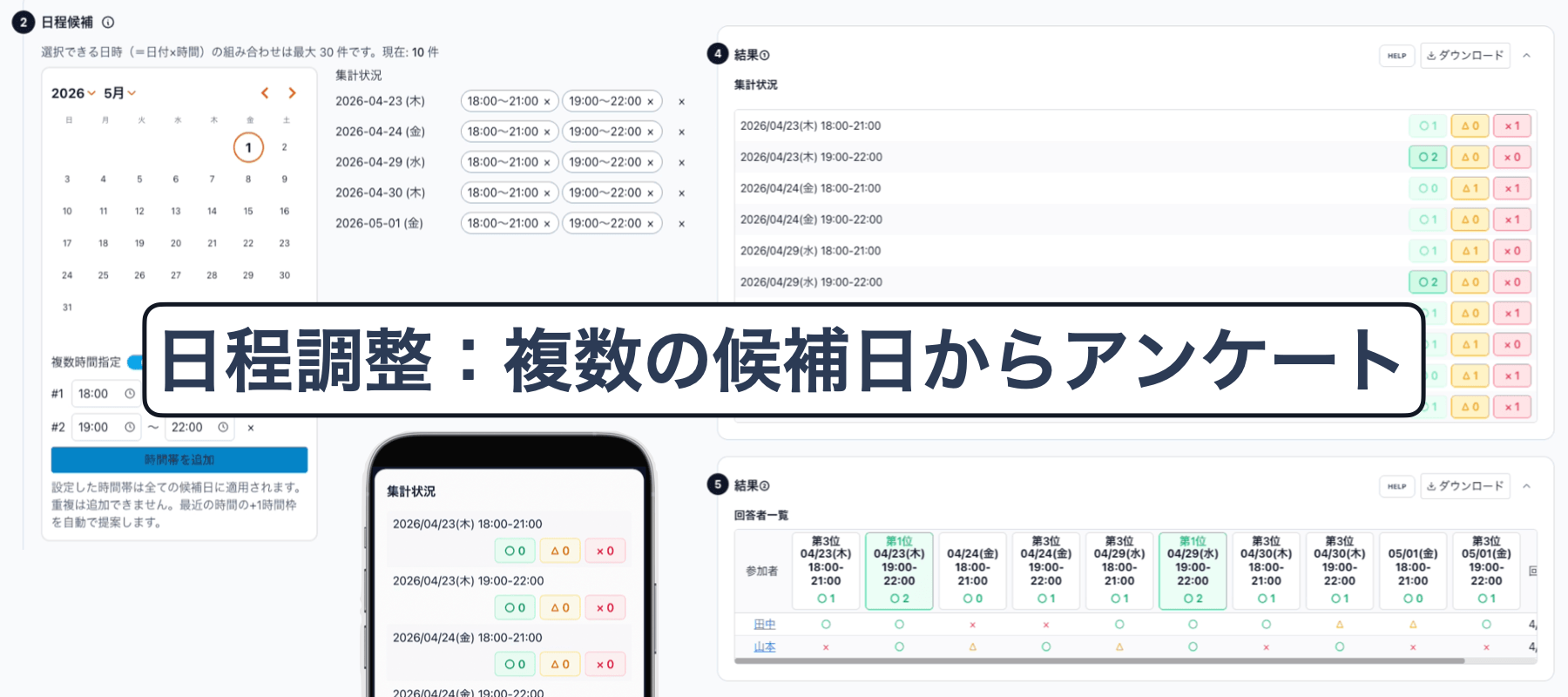 日程調整：複数の候補日からアンケートを作成・集計する画面。